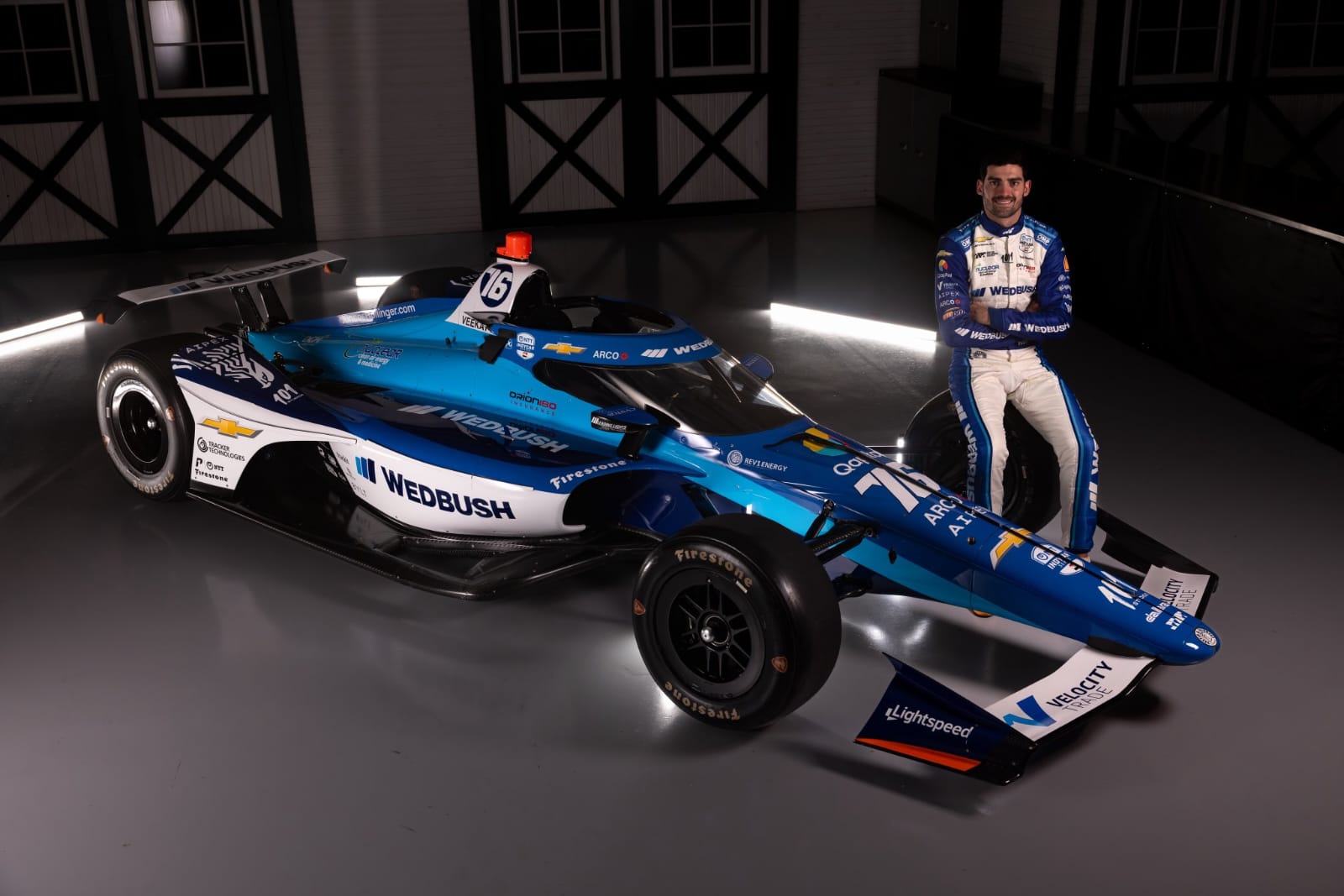 IndyCar driver Rinus VeeKay of Juncos Hollinger Racing shows one of the liveries for the 2026 Indy 500